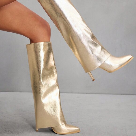 Gold metallic Women's Pointed Toe Stilettos boots - Picture 2 of 5